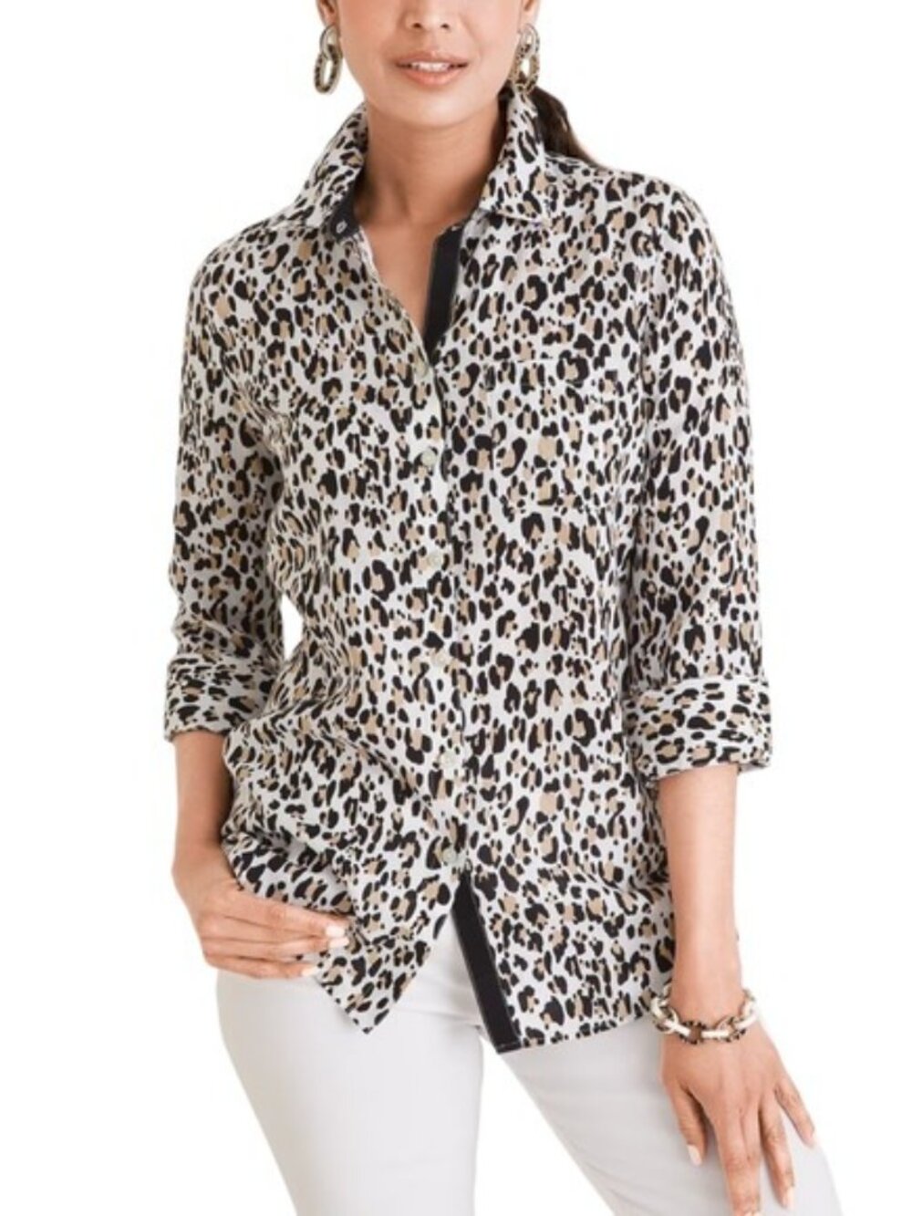 Chico's Animal Print No Iron FreshChic 3/4‎ Sleeve Button Down Size Small